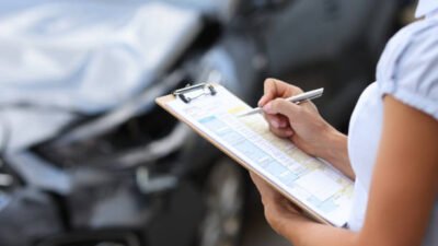 insurance agent inspects damaged vehicle. car insurance concept